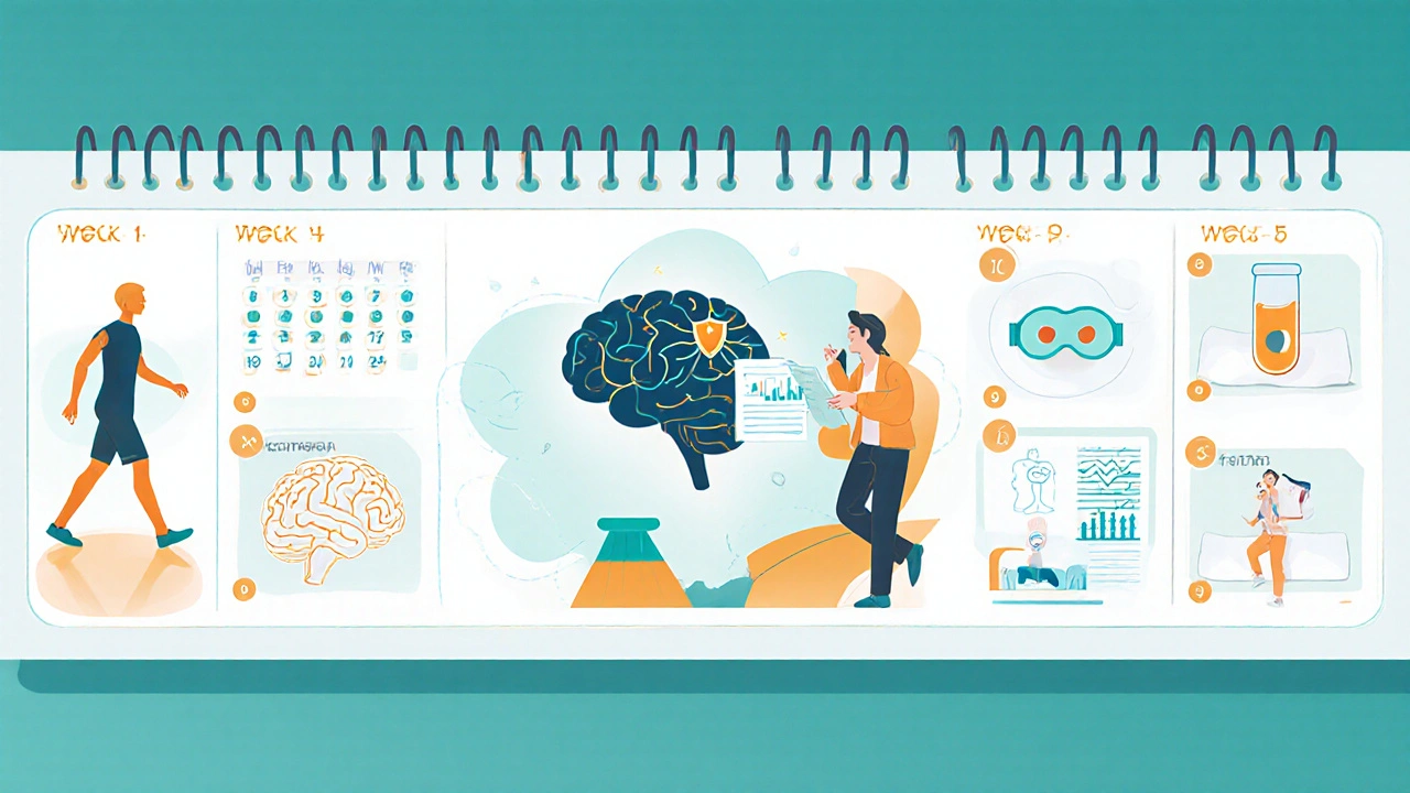 12‑week calendar showing weight loss steps, doctor and dietitian, brain dopamine and iron icons.