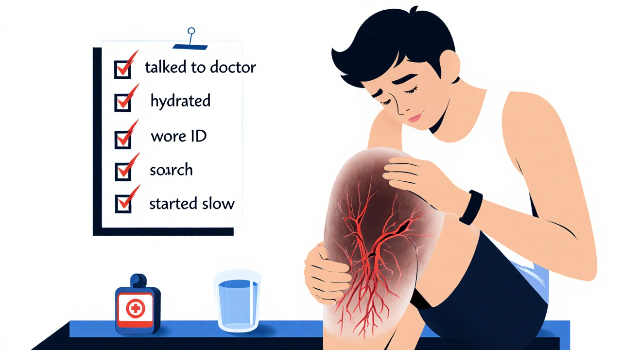 A person noticing a bruise after exercise, with medical reminders visible, highlighting warning signs of internal bleeding.