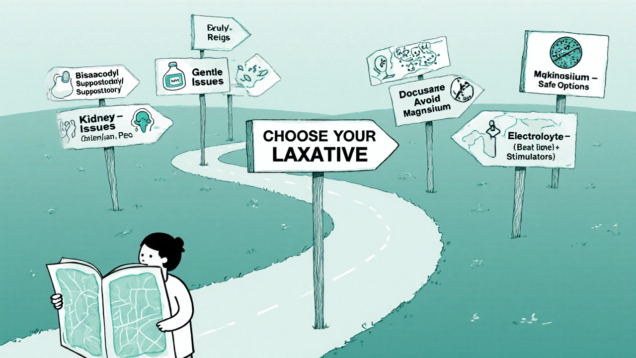 A road map with signposts showing laxative choices for different needs.