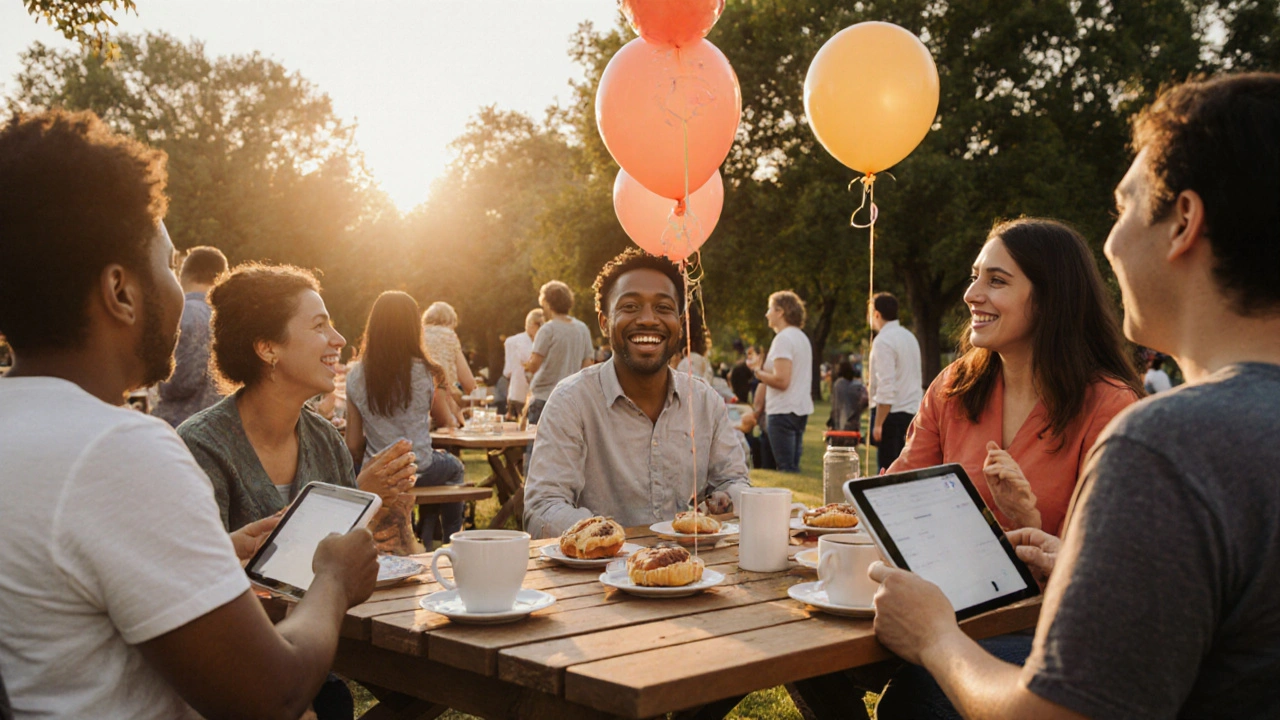 Adults with disabilities socialize at an outdoor coffee mixer for dating.