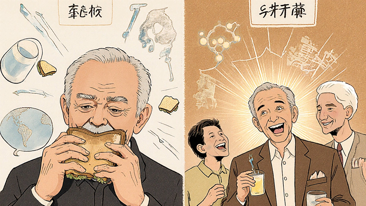 An elderly man enjoying a meal, surrounded by before-and-after scenes of his improved swallowing.