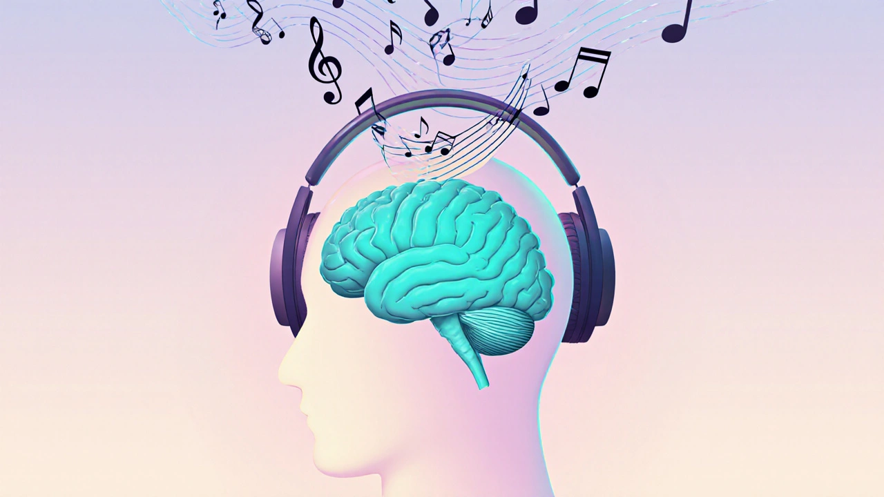 Brain diagram showing musical notes entering the auditory cortex.