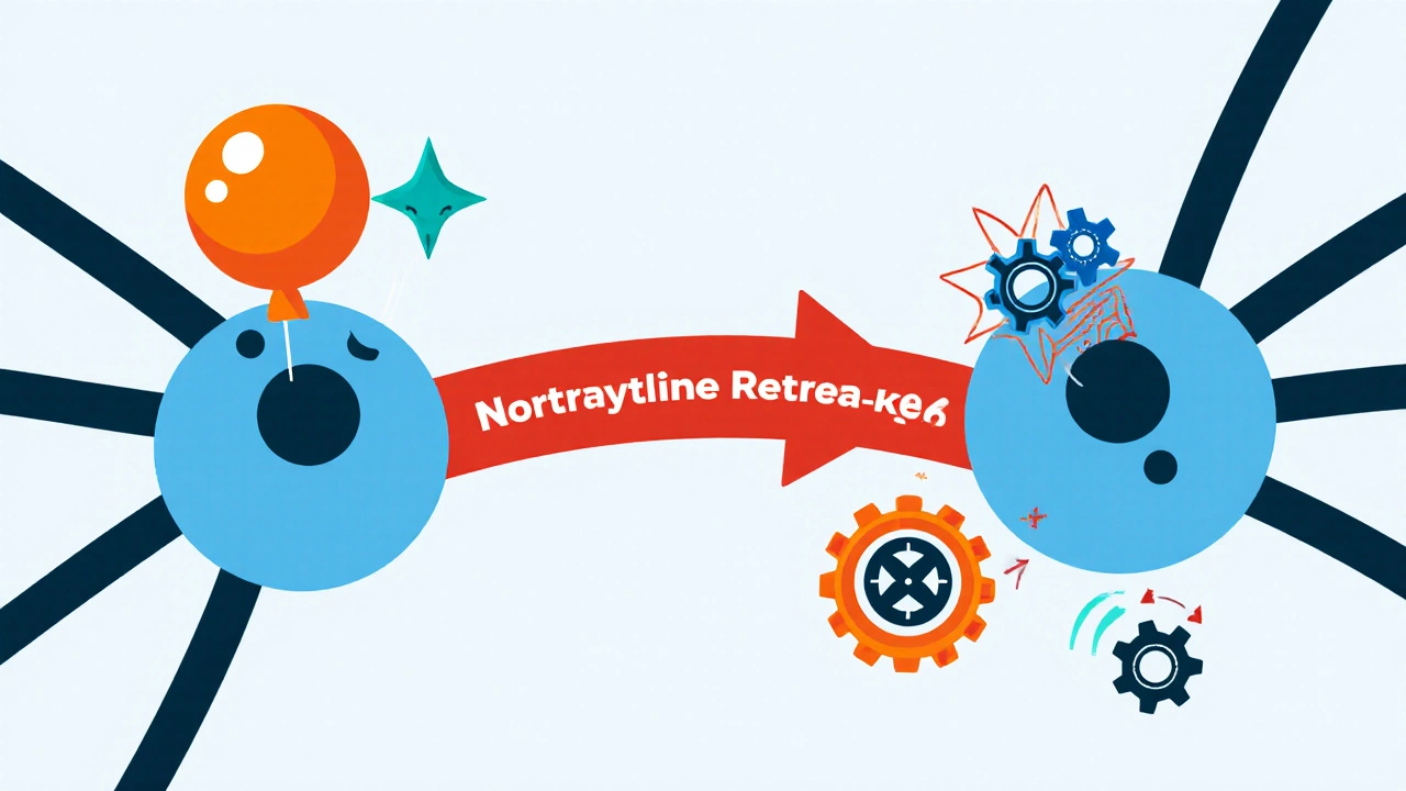 Cartoon brain synapse showing serotonin and norepinephrine lingering due to a pill, with a CYP2D6 gear icon.