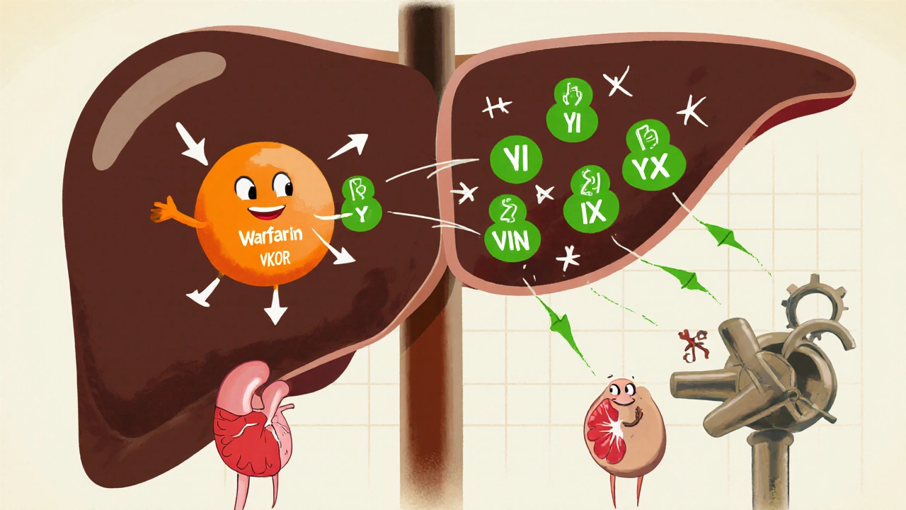 Cartoon liver showing warfarin blocking vitamin K and clotting factors.