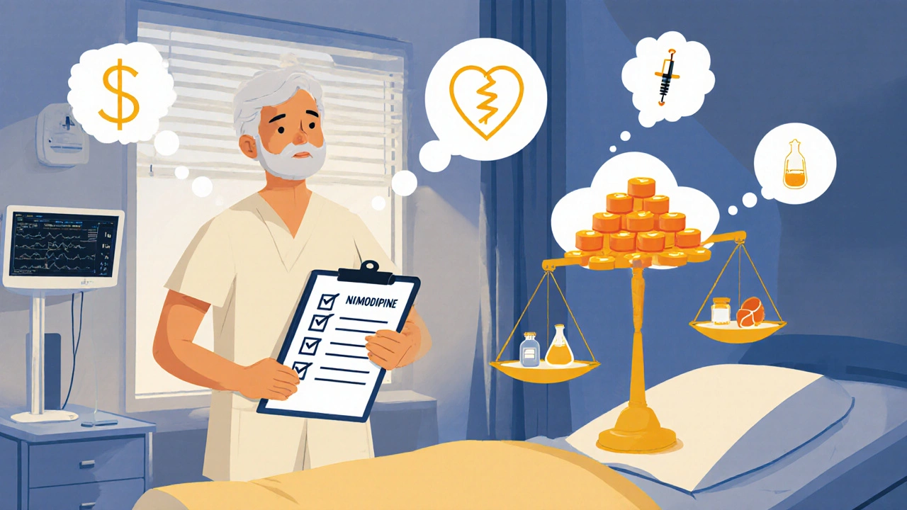 Clinician weighs Nimodipine against other drugs on a scale, thought bubbles show cost, route, and safety.