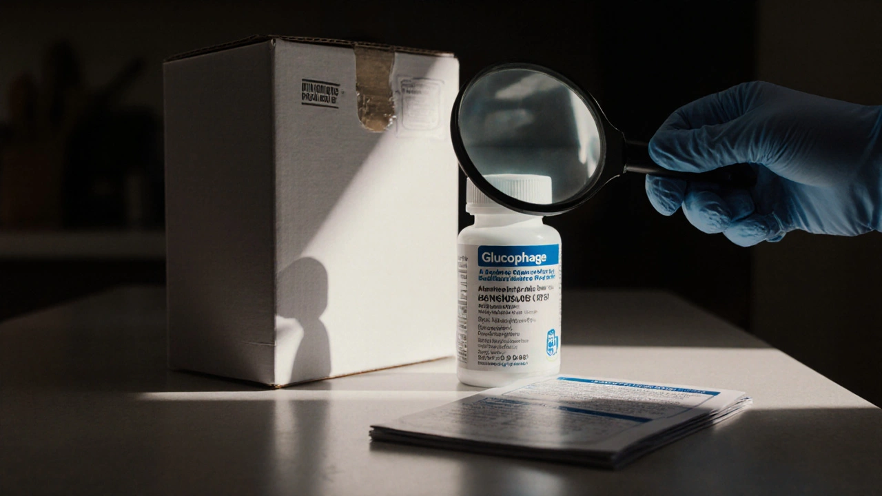 Close‑up of a delivered medication box with tamper seal and hand inspecting the bottle batch number.