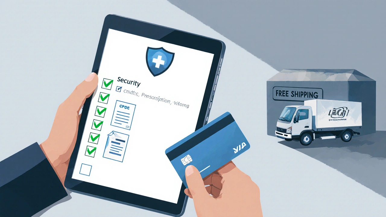 Close‑up of a tablet displaying a purchase checklist with a credit card.