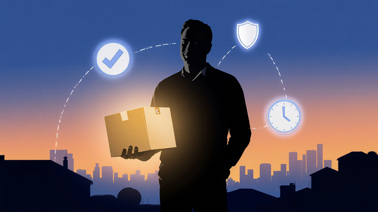 Confident man holding a glowing delivery box, symbolizing safe, fast medication arrival.
