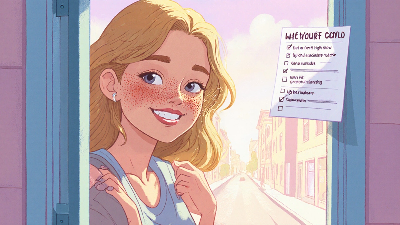 Confident woman outdoors, freckles highlighted, sunshine and subtle checklist.