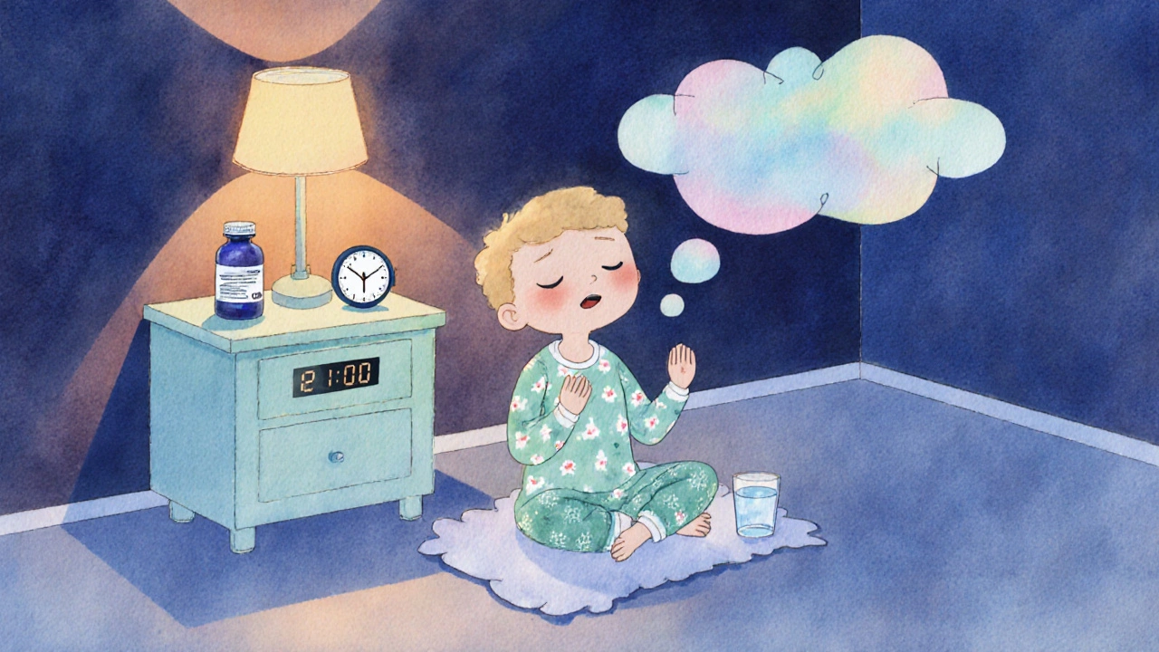 Cozy bedroom at night with child doing breathing exercises, melatonin bottle on nightstand.