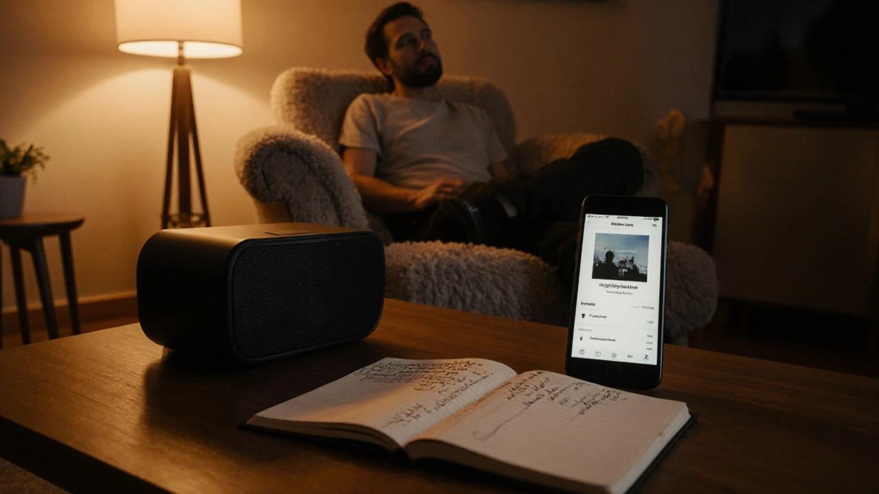 Cozy home scene with speaker, playlist on phone, and journal for music therapy.