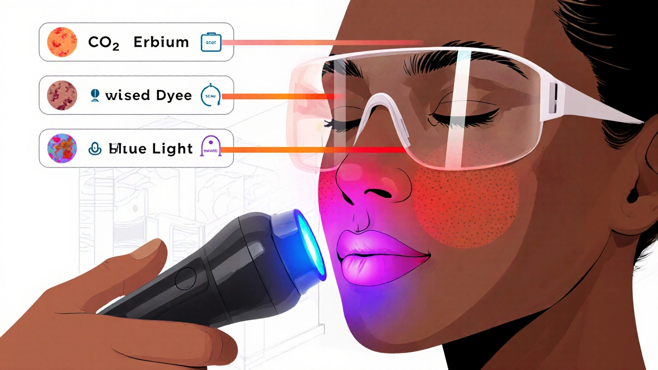 Dermatologist using a multi‑color laser on a patient's cheek wearing goggles.