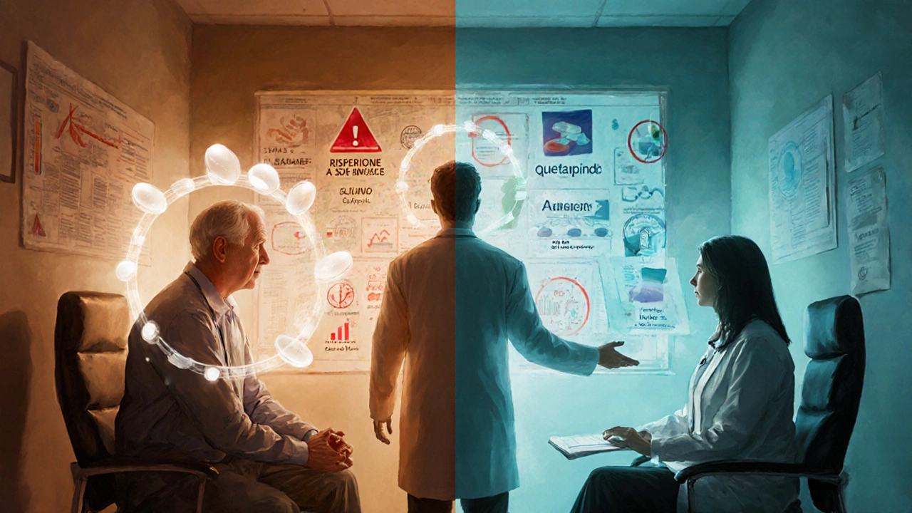 Doctor and patient in split‑scene showing clozapine versus alternatives.