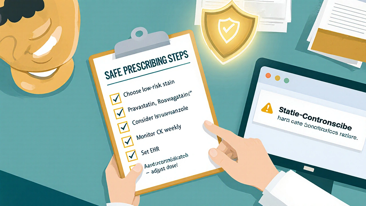 Doctor uses a checklist, chooses safe statins and antifungals, and checks an EHR alert for drug safety.