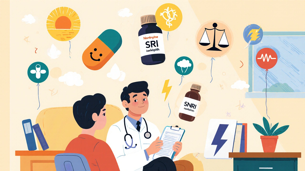 Doctor with patient surrounded by floating medication bottles and small icons of each drug's side effects.