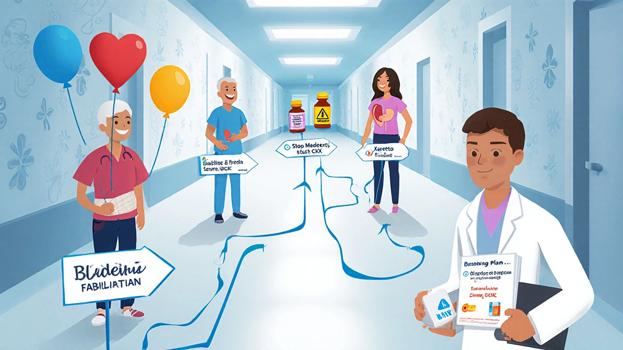 Flowchart hallway with patient avatars pointing to the right anticoagulant.