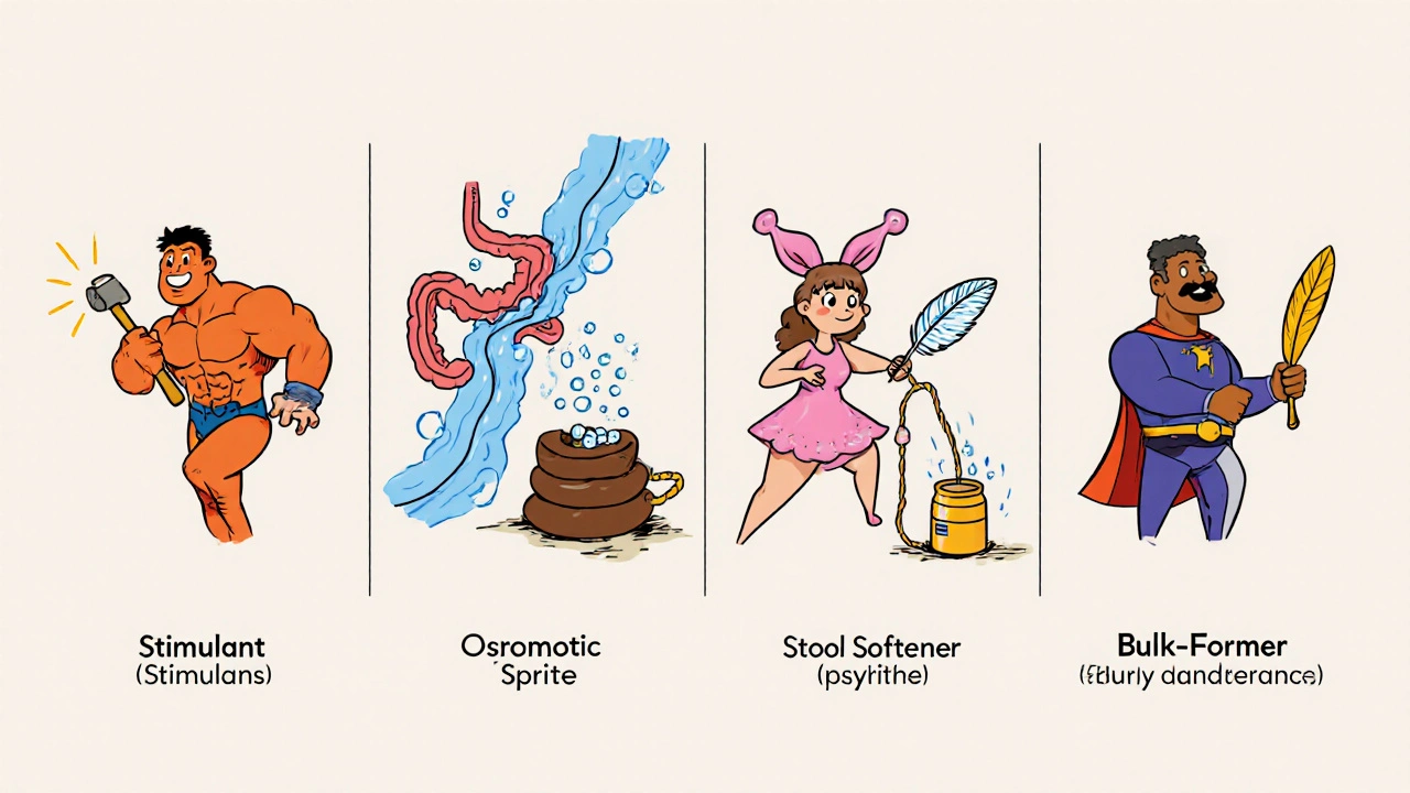 Four cartoon characters representing stimulant, osmotic, softener, and bulk laxatives.