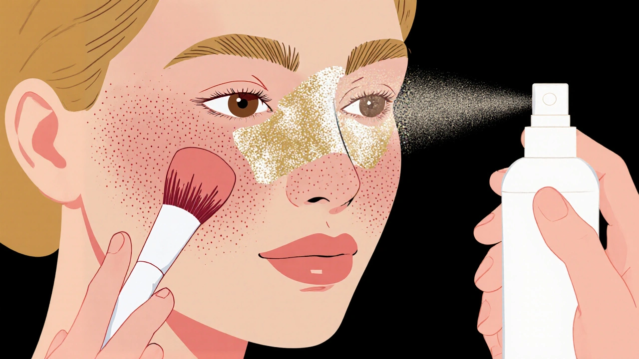 Hand applying blush and highlighter, setting spray mist over glowing freckles.