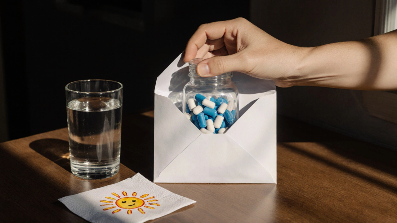 Hand opening a discreet package revealing doxycycline capsules next to water and sun symbol.