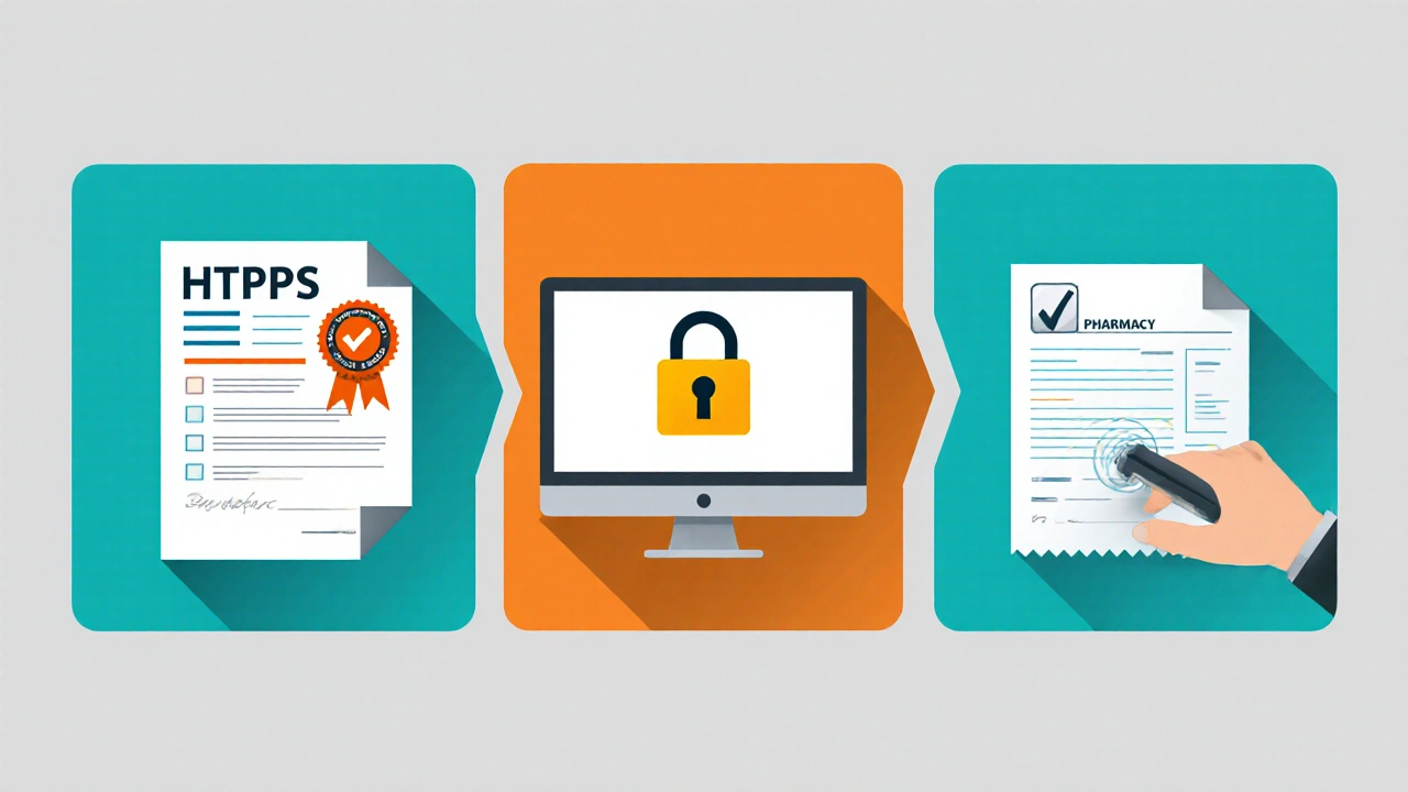 Illustrated checklist showing license, HTTPS lock, and prescription verification.
