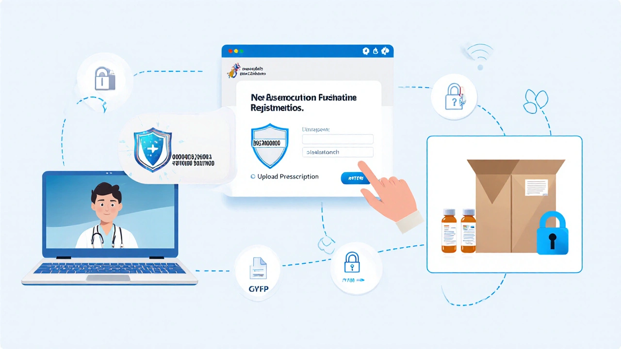 Illustrated steps of buying generic Cialis online, from telehealth to discreet delivery.