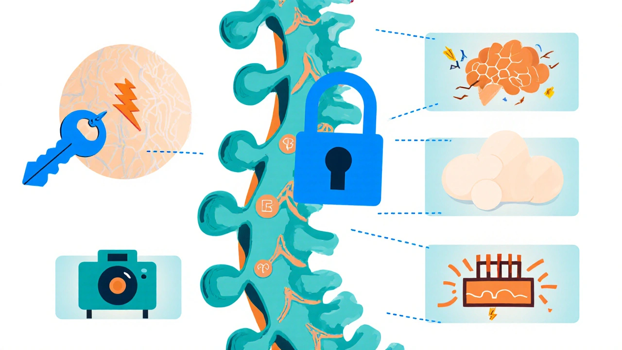 Illustration of drug mechanisms: Baclofen dimming a speaker, others shown as gauges and bolts.