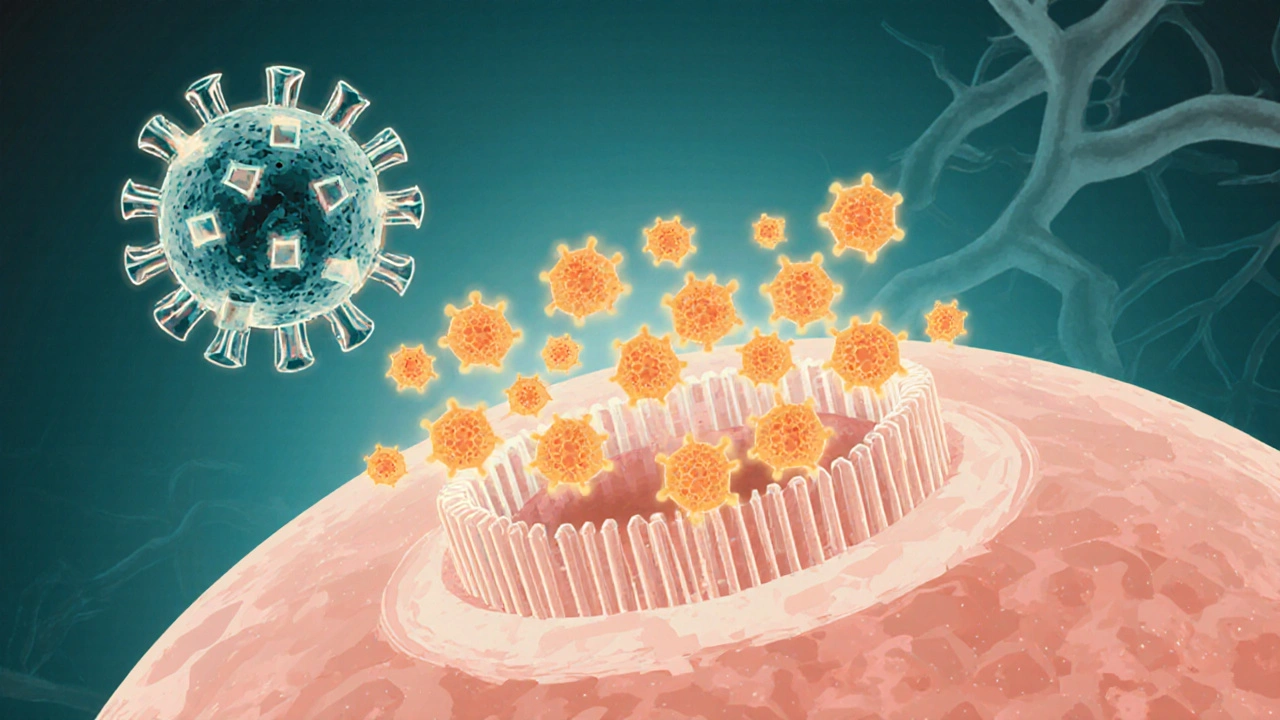 Illustration showing acyclovir blocking a virus from entering a cell.