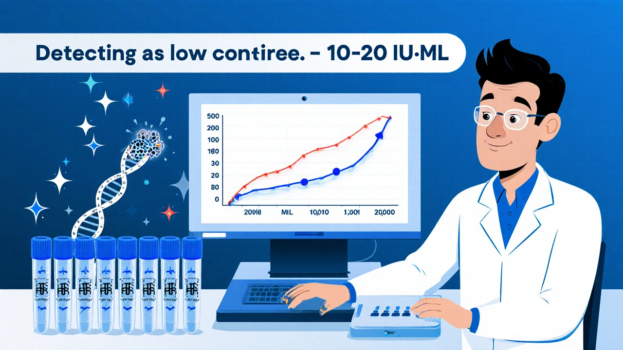 Laboratory scene showing a scientist running a PCR machine with amplified DNA strands.