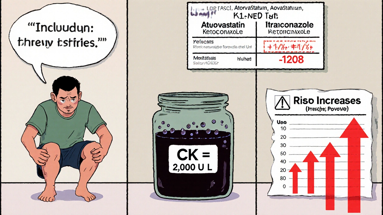 Patient with muscle pain, dark urine, and high CK levels beside a risk table of statin‑azole interactions.