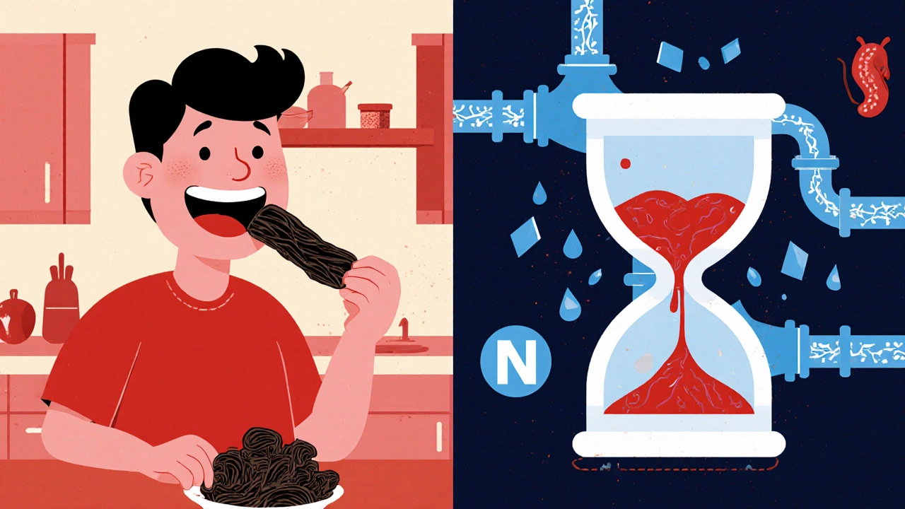 Person eating licorice while body shows fluid overload and potassium loss as leaking pipes and hourglass