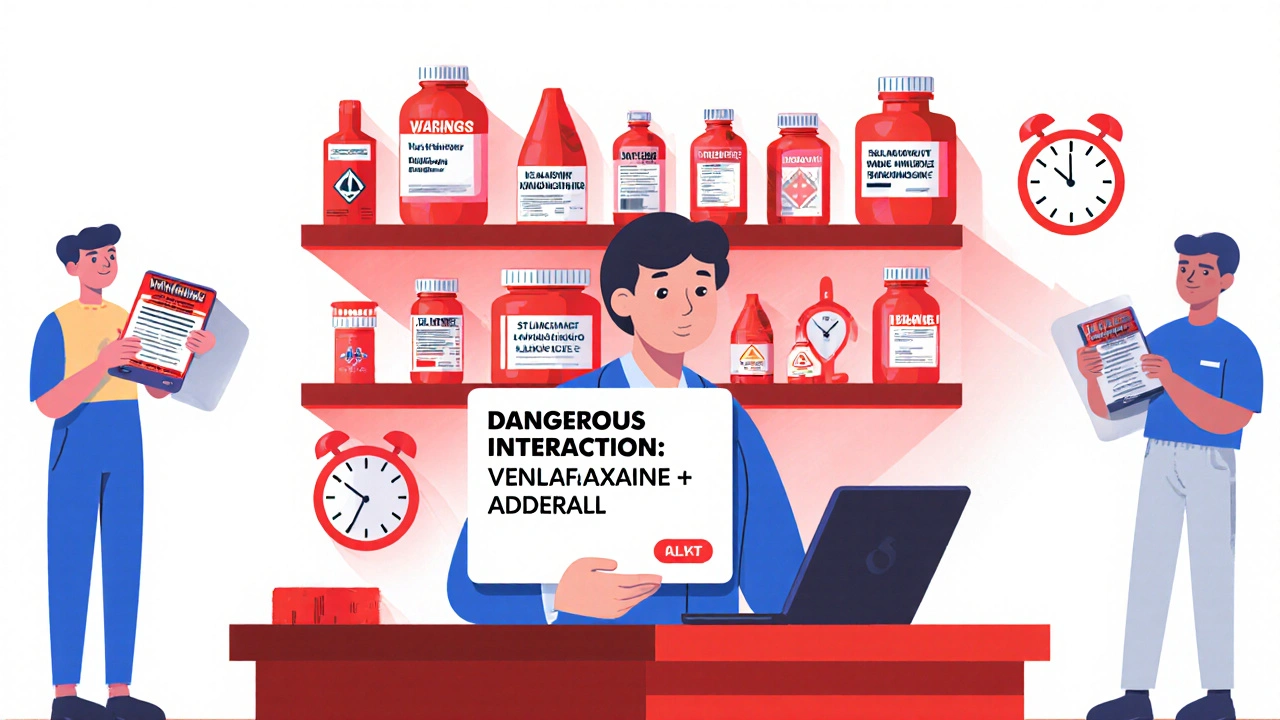 Pharmacist viewing AI drug interaction alert on phone, shelves of medications glowing red with warnings