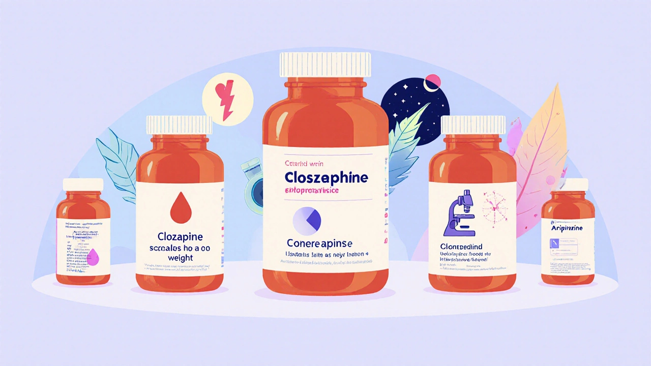 Six antipsychotic pill bottles with icons showing key traits.