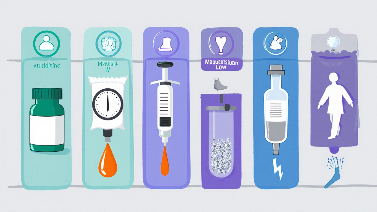 Six cartoon panels display different vasospasm drugs with icons for BBB penetration and side effects.