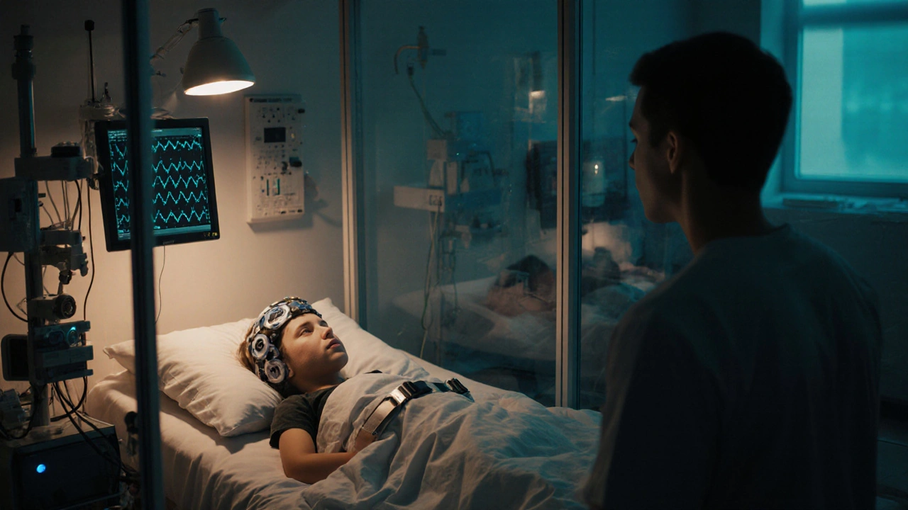 Sleep lab scene with child in bed, EEG equipment, and monitor displaying REM patterns.