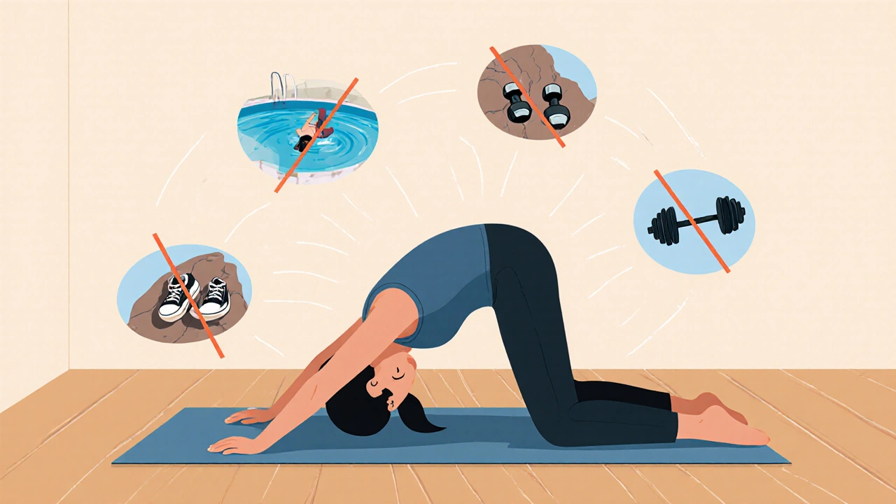 Someone doing gentle yoga with icons of safe and unsafe activities around them, illustrating smart choices on anticoagulants.