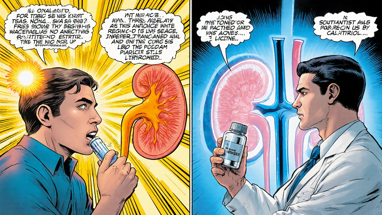 Split scene of a person taking vitamin D3 versus a kidney patient receiving calcitriol injection.