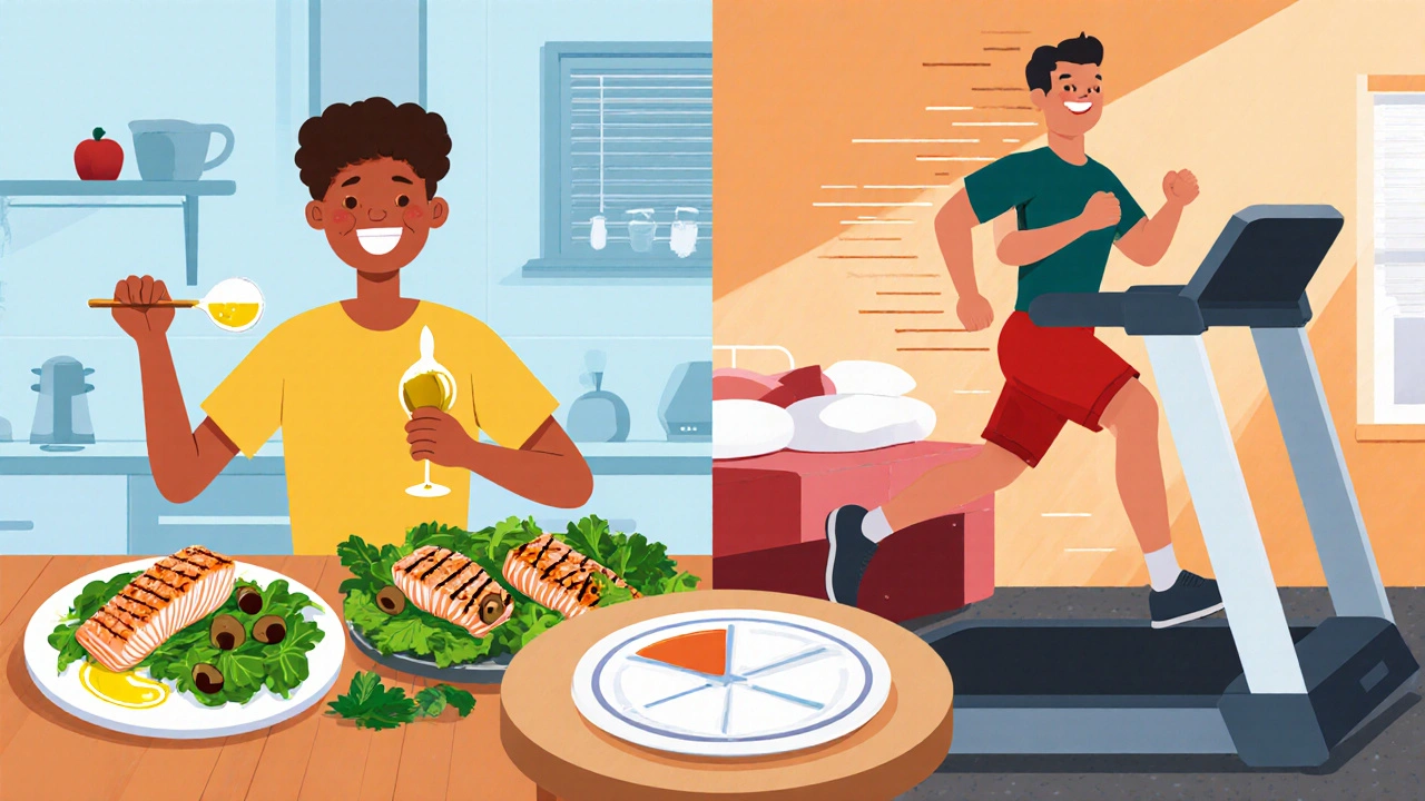 Split scene of Mediterranean meal prep and HIIT workout with mindful eating and sleep setup.