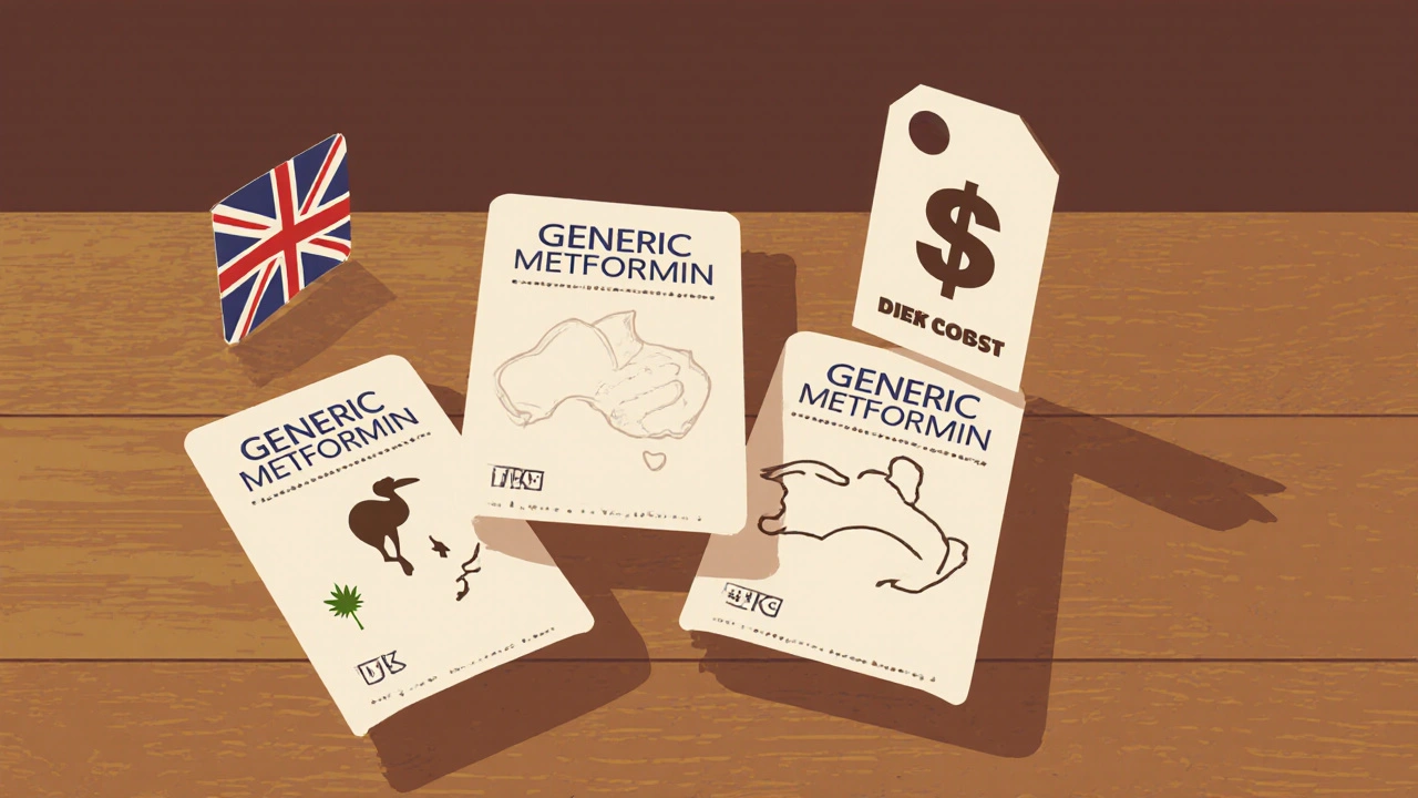 Three generic metformin blister packs displayed side by side with subtle country icons and price tags.