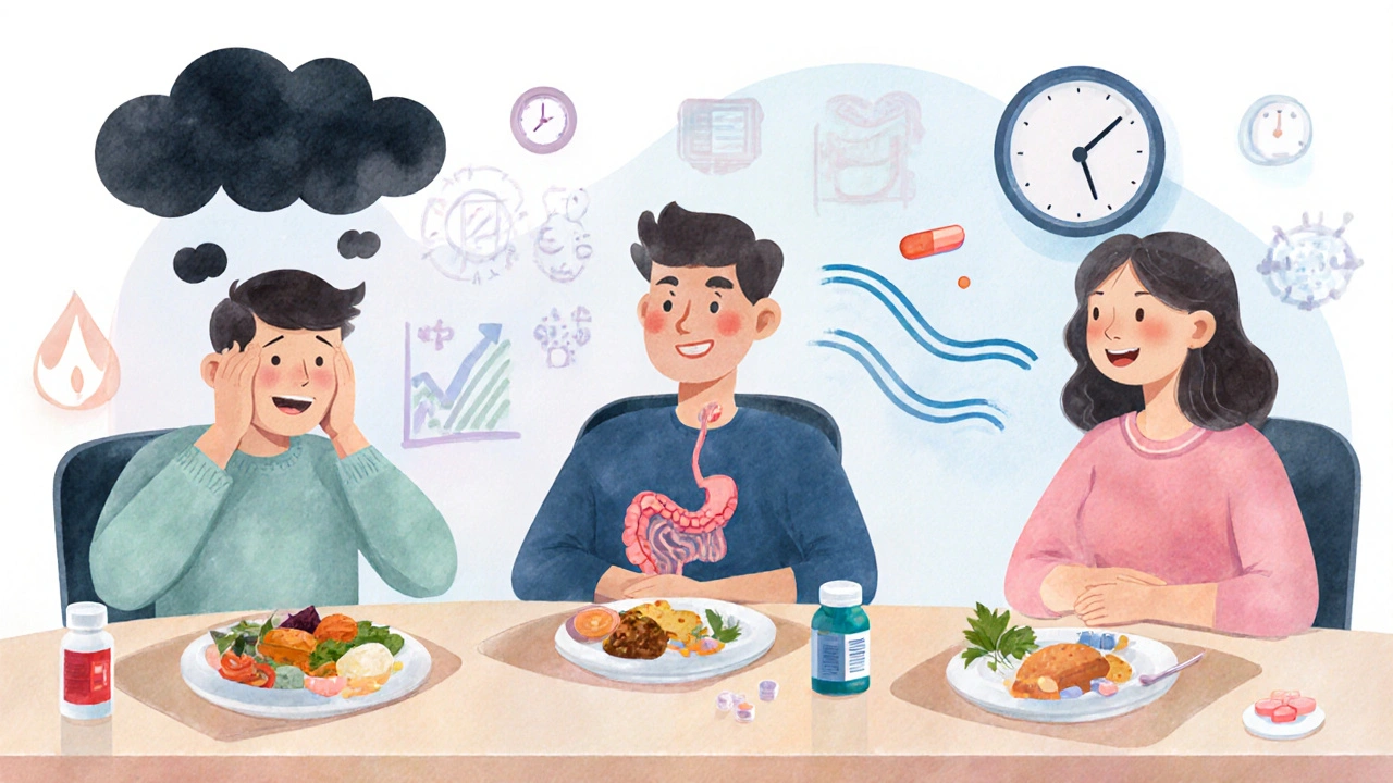 Three patients at a table: one struggling, one on PPIs, one thriving with acotiamide's effect on digestion.