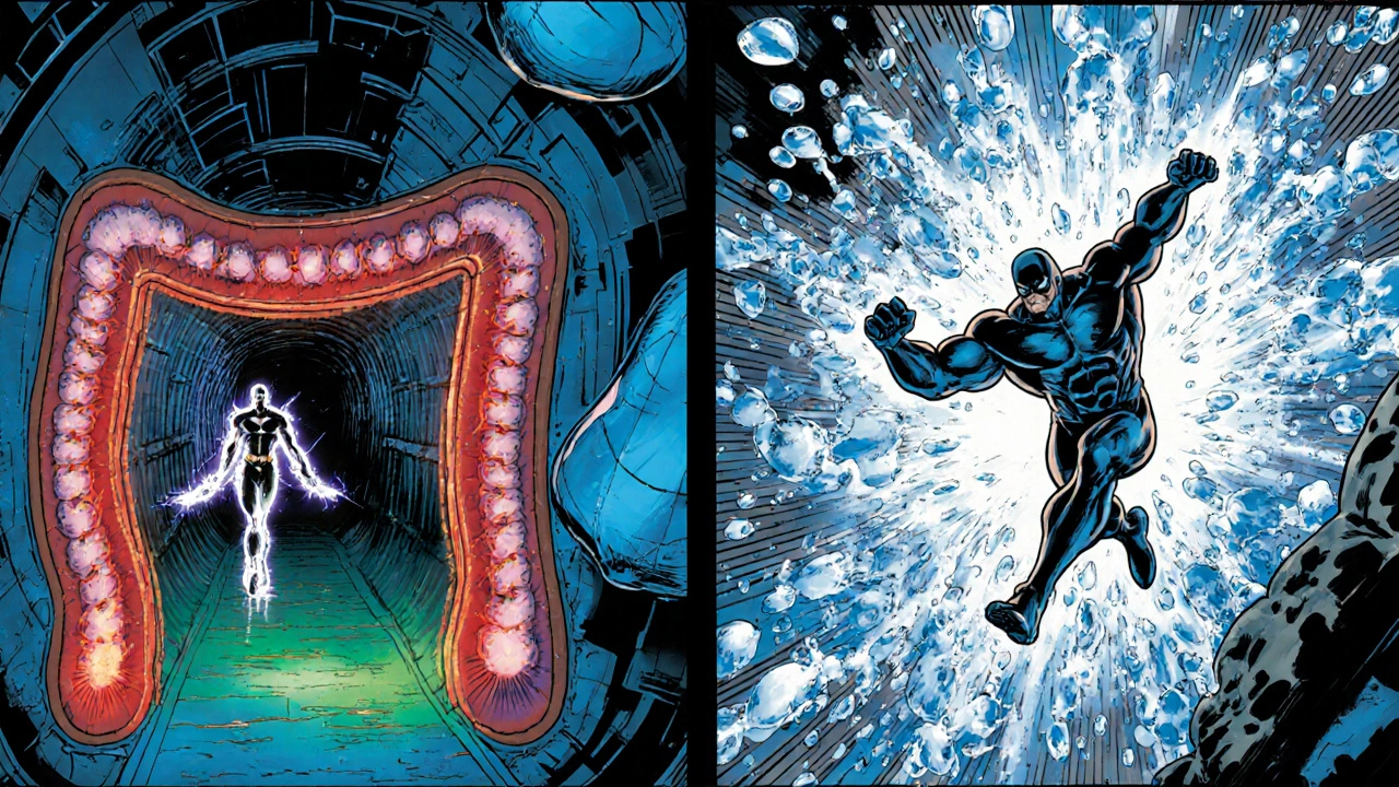 Two superhero panels: Amiloride blocking sodium channels, Furosemide breaking a loop diuretic transporter with water splash.