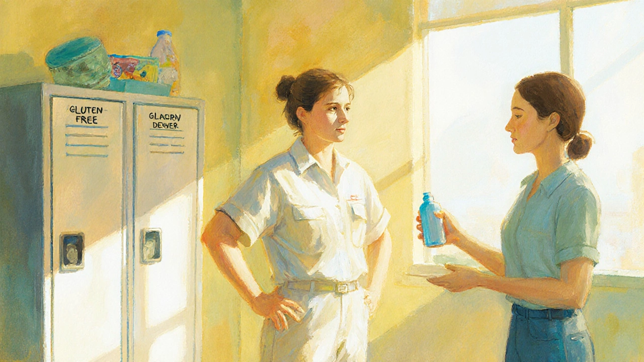 Worker in breathable uniform using gluten‑free snack drawer, feeling supported.