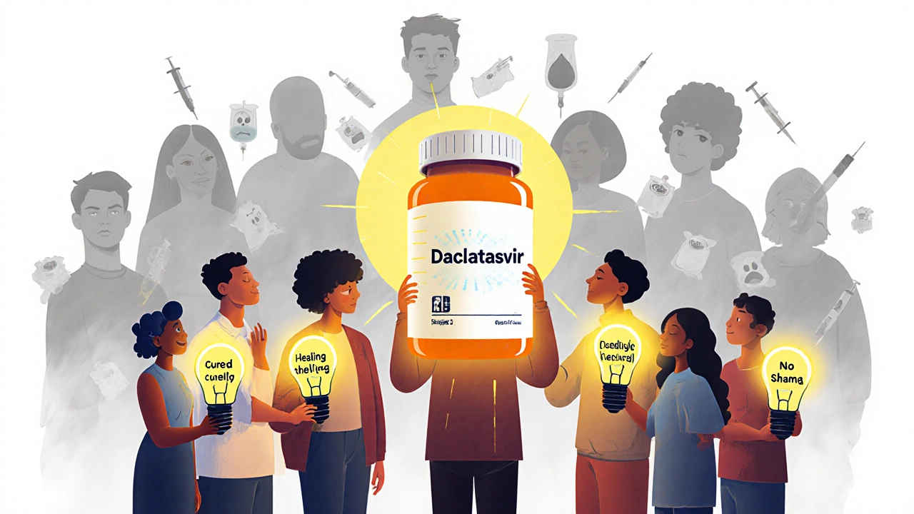 A circle of people holding lightbulbs of empowerment as a daclatasvir bottle radiates warmth, with stigma fading away.