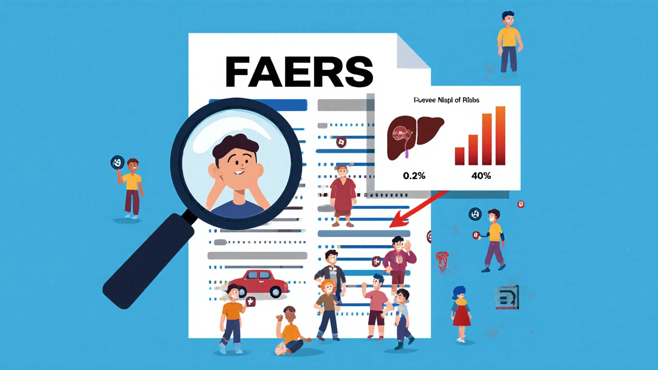 A magnifying glass examines patient reports in an FDA database, highlighting a rare side effect pattern with statistical data.