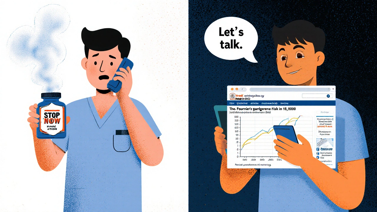 A patient calmly reviewing drug risk data on a phone screen, contrasting panic with informed decision-making.