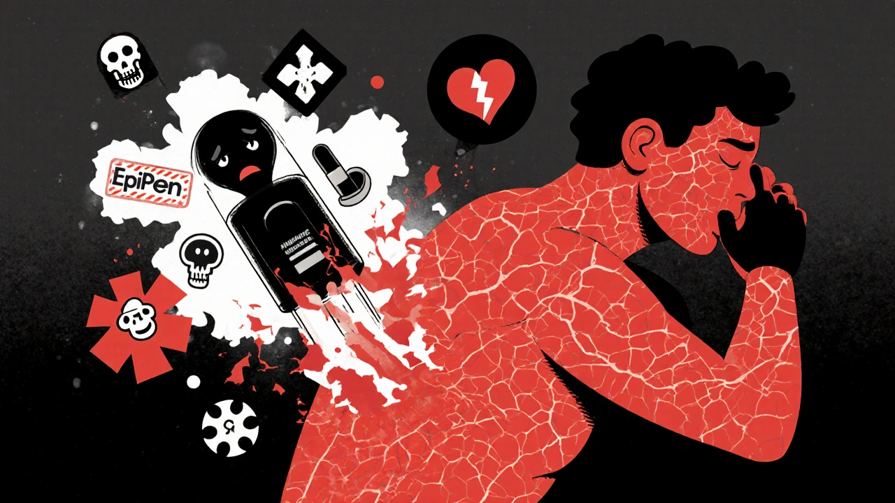 A person experiencing a severe allergic skin reaction with medical emergency symbols rushing to help.