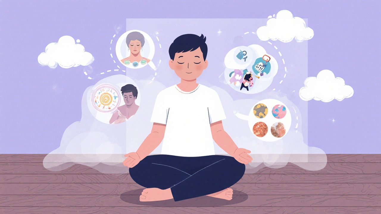 A person meditating with visual representations of body scan, breathing, and grounding techniques.