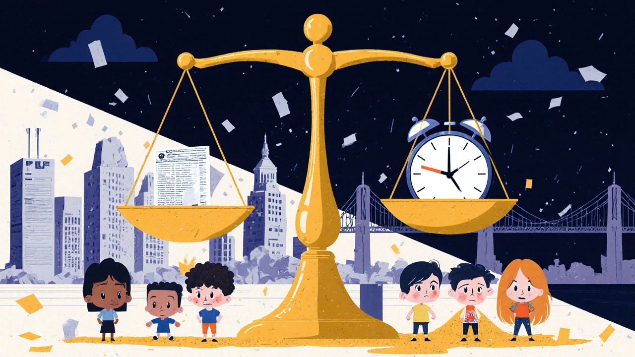 A scale balancing taxpayer savings against children without healthcare, with futuristic data links rising as outdated forms crumble.