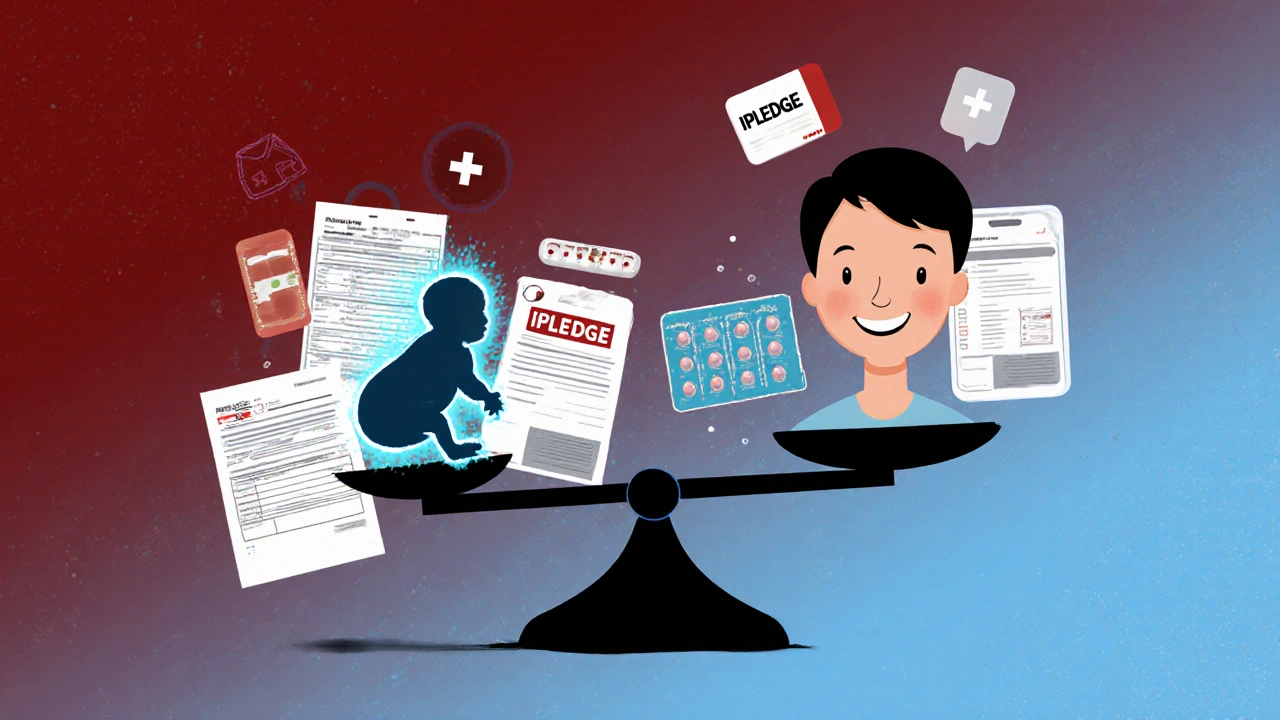 A symbolic scale balancing fetal safety against effective acne treatment with iPLEDGE elements.