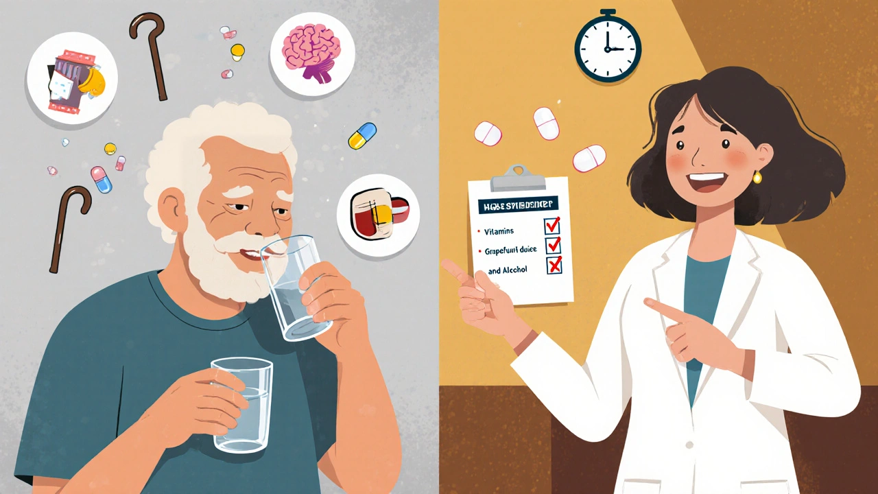 An older adult shown with risks of multiple medications on one side, and safe practices with a pharmacist on the other.