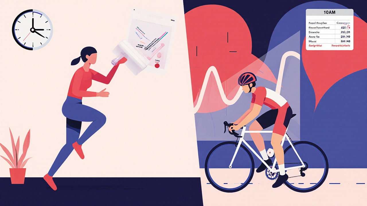 Athlete taking apixaban in the morning and competing in a bike race later, with a fading drug level graph overlay.